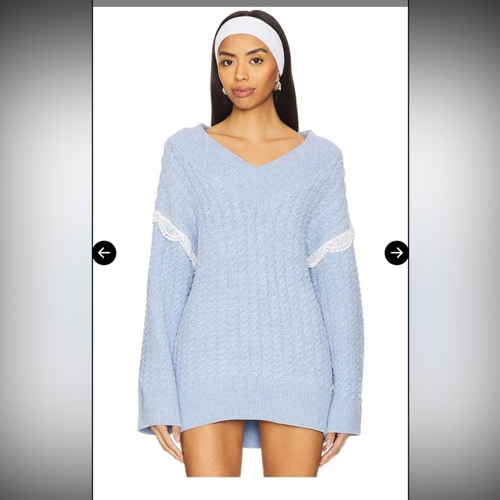 For Love and Lemons Tierra Oversized V neck sweater blue with lace sz S